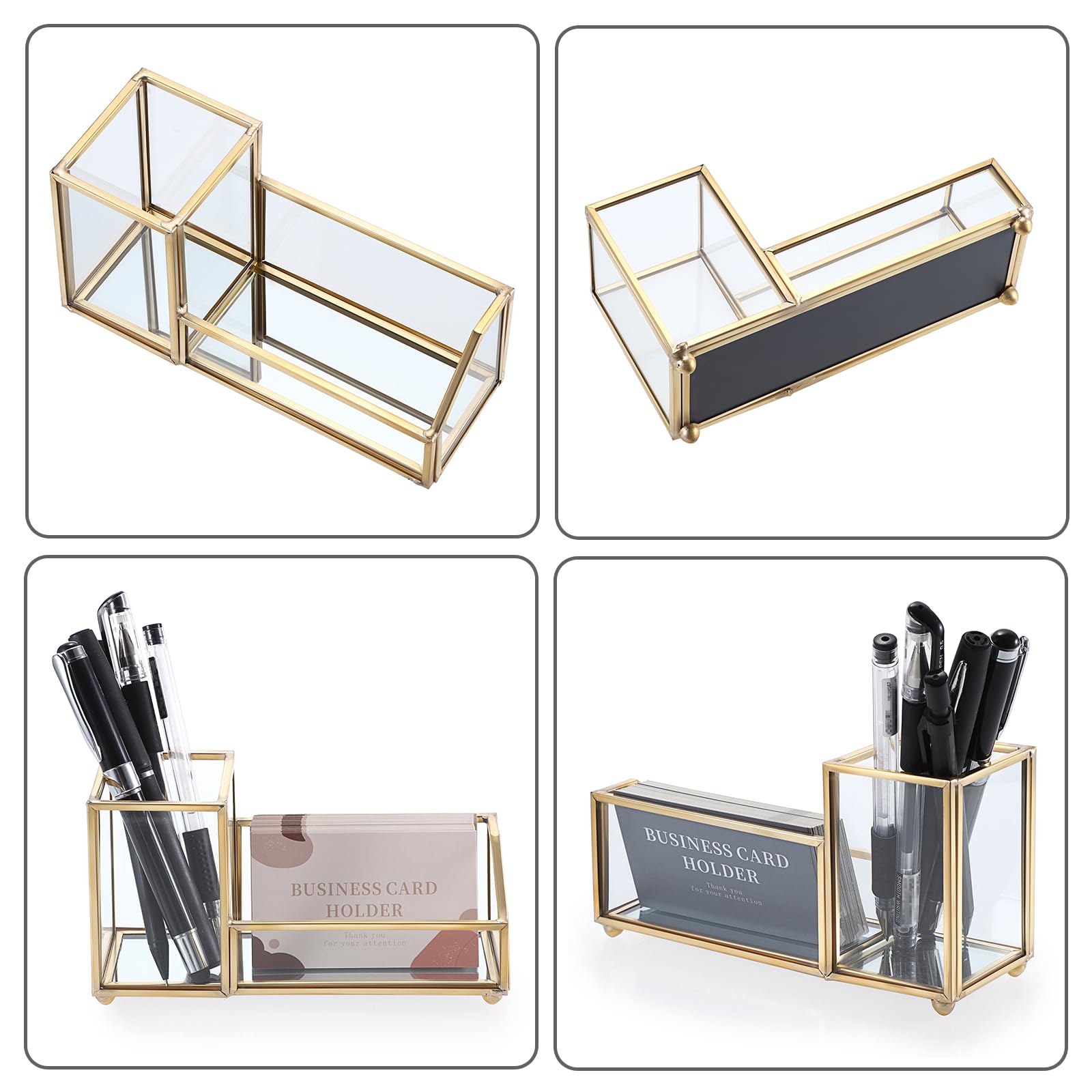 Hipiwe 2 Slots Glass Business Card Holder with Pen Pencil Cup, Gold