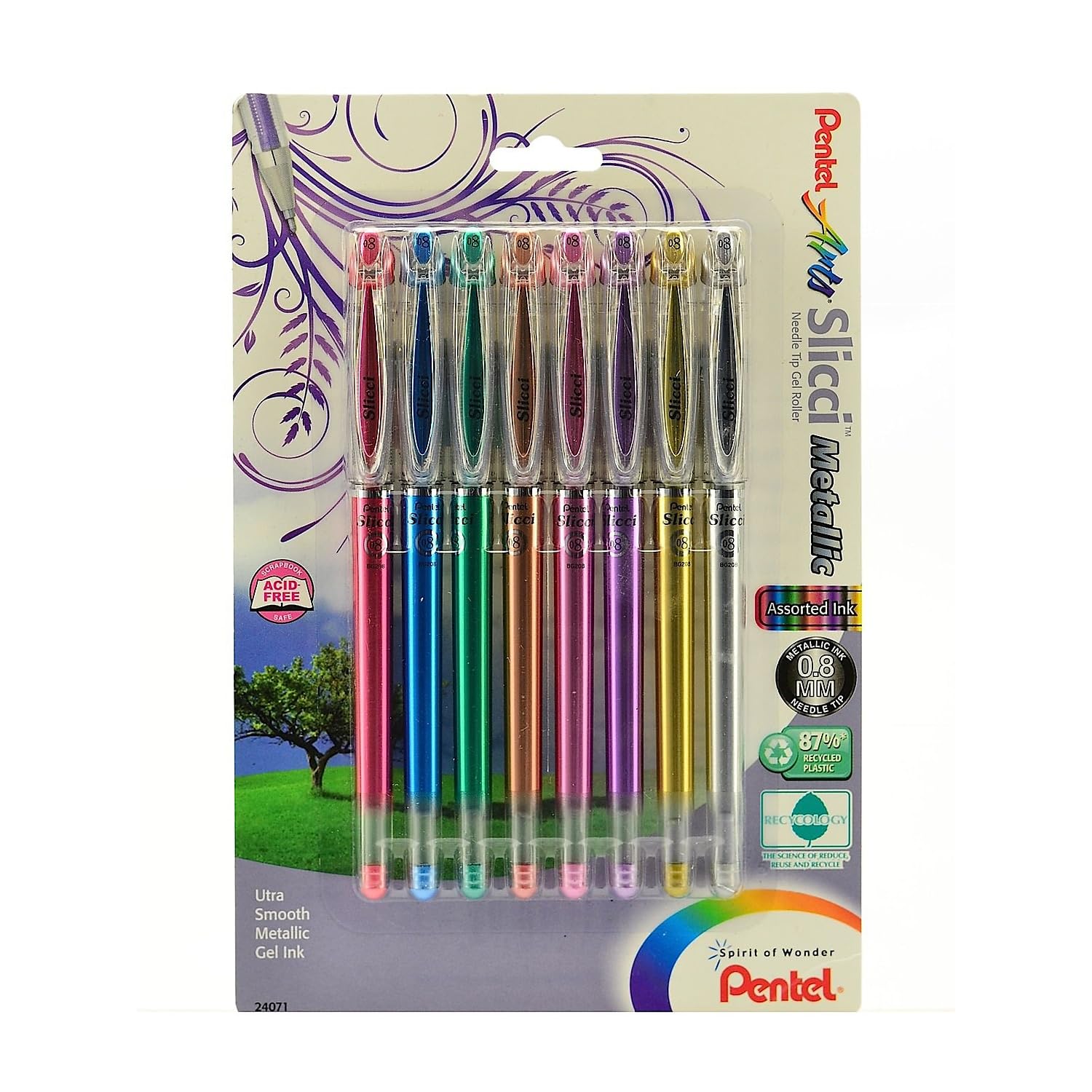 Pentel Arts Slicci Metallic 0.8 mm Needle Tip Gel Pen, Assorted Colors, 8 Pack (BG208BP8M)