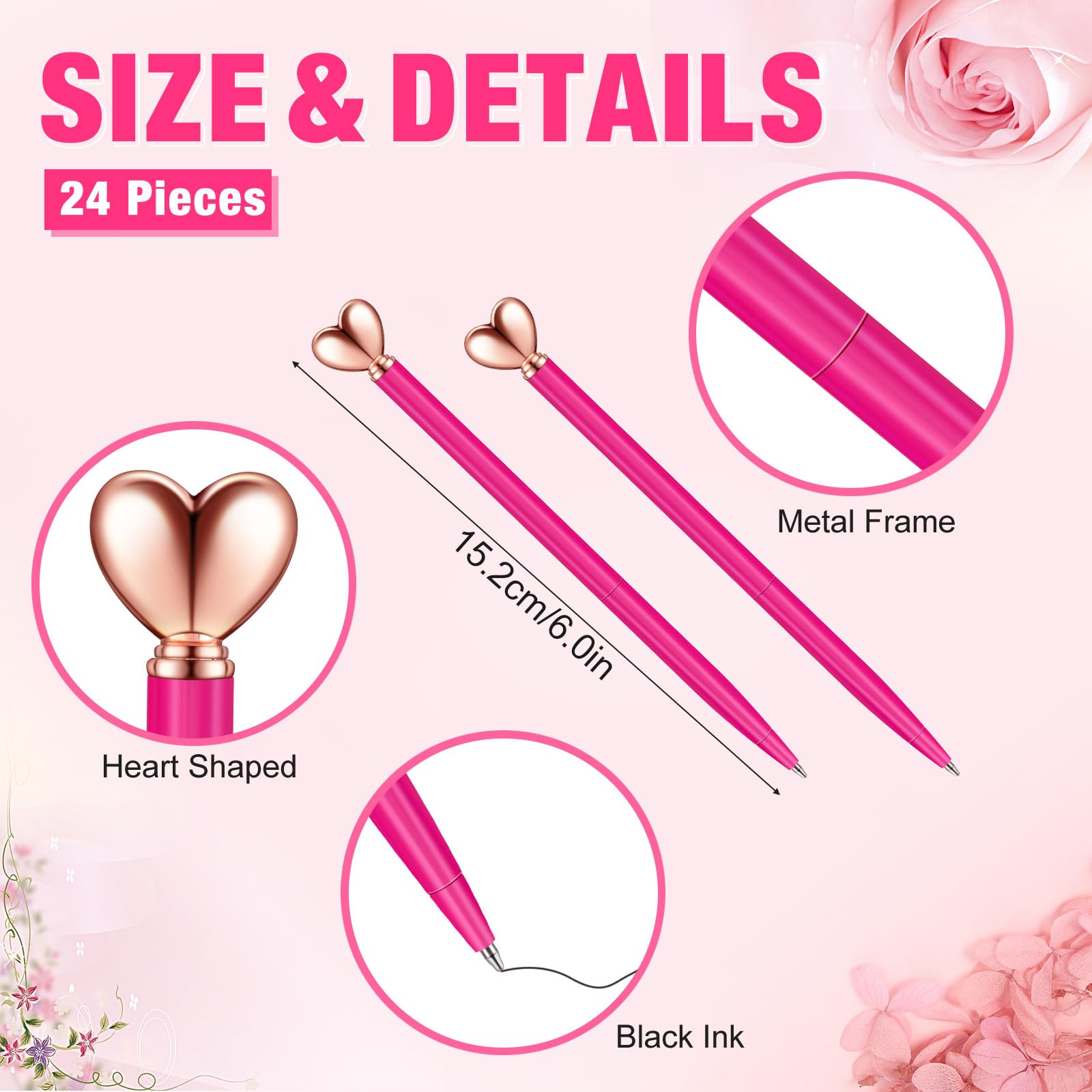 Thenshop Hot Pink 24 Pcs Heart Shaped Pens Retractable Metal Cute Pens 1.0 mm Black Ink Ballpoint