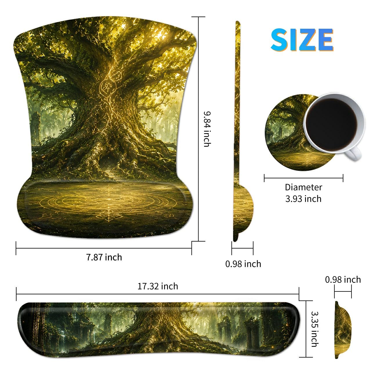 3-in-1 Ergonomic Memory Foam Keyboard Wrist Rest Pad Set, Forest Trees