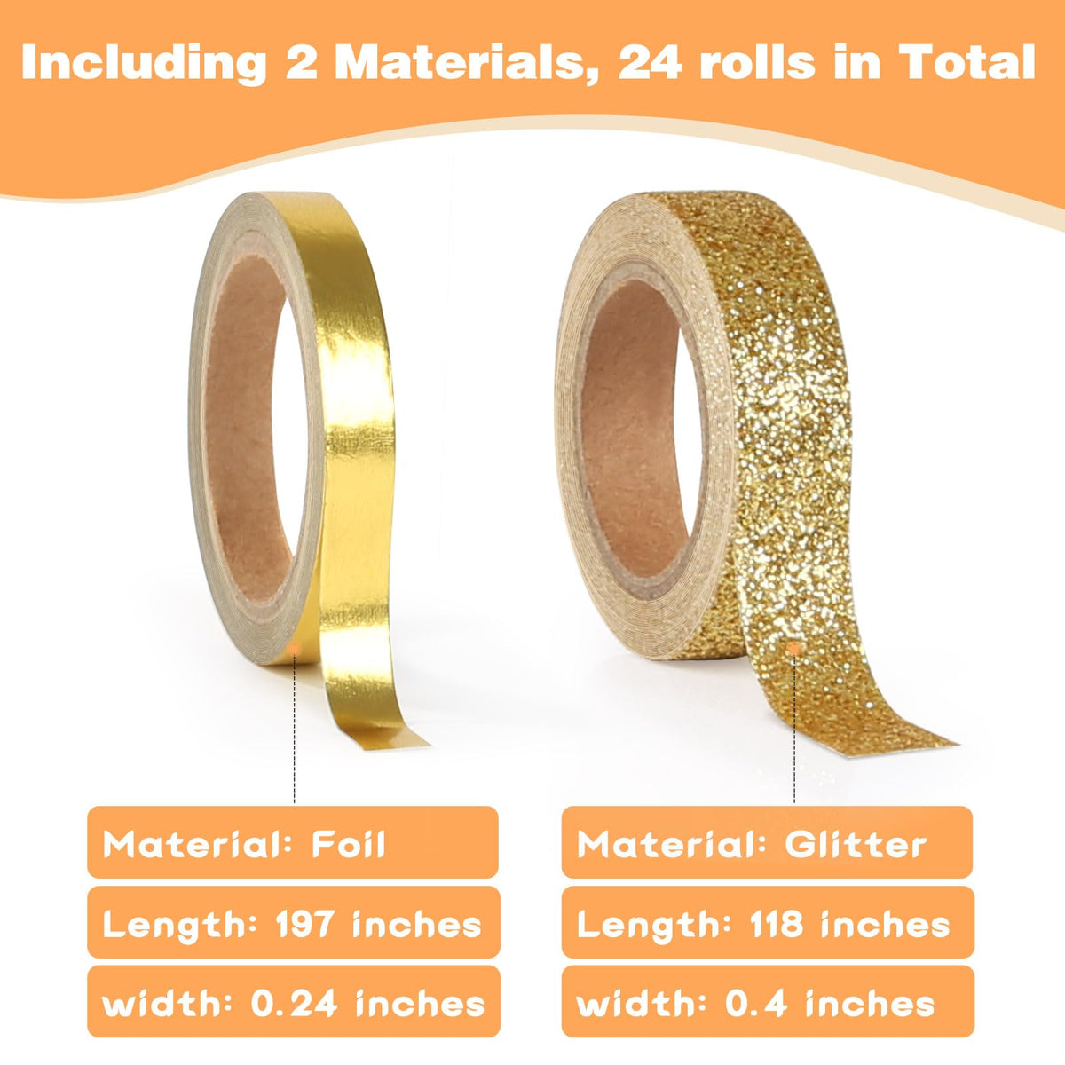 AEBORN Metallic Glitter Washi Tape - 24 Rolls Thin Colored Masking Tape Set, 6mm/10mm Decorative