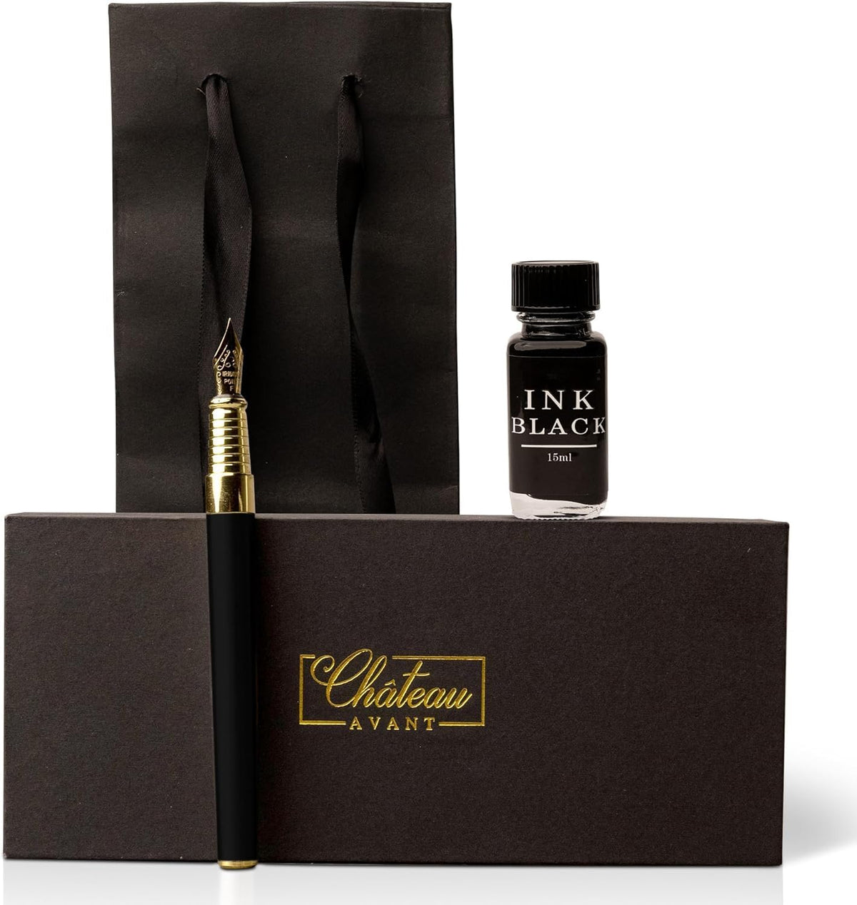 Château Avant Fountain Pen Set | Refillable Black Fountain Pen with Black Ink Bottle, Fine Nib, and