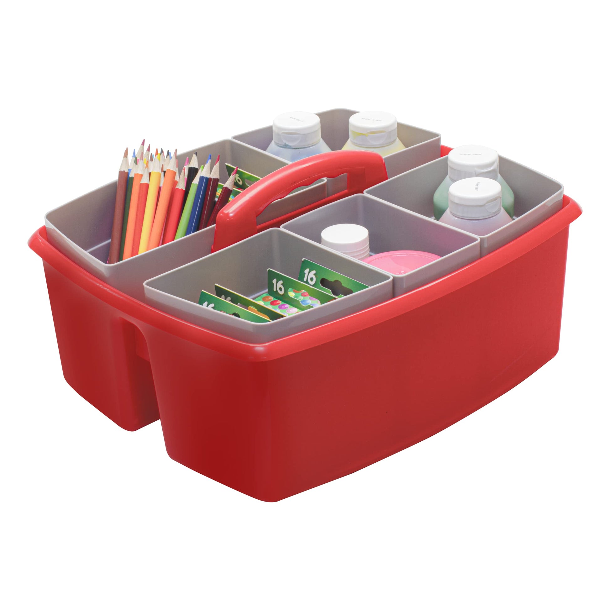 Storex Large Classroom Caddy with Cups, 13 x 11 x 6.575 Inches, Red, Case of 2 (00981U02C)