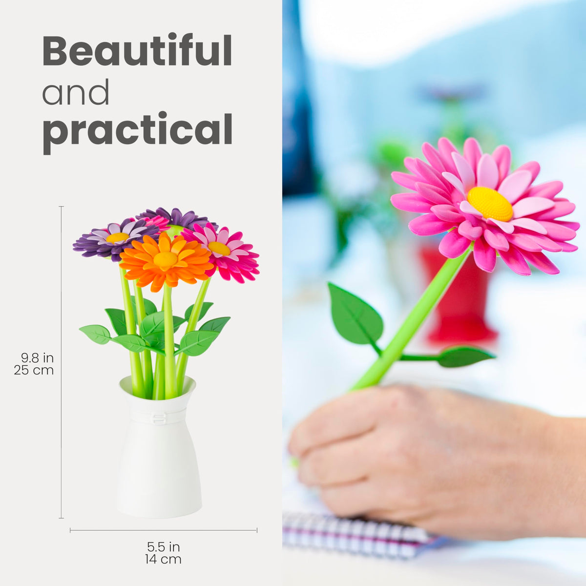 Vigar Flower Pen Set with Vase Holder – 5 Cute & Fancy Decorative Floral Pens, Blue Ink, Pretty Pen