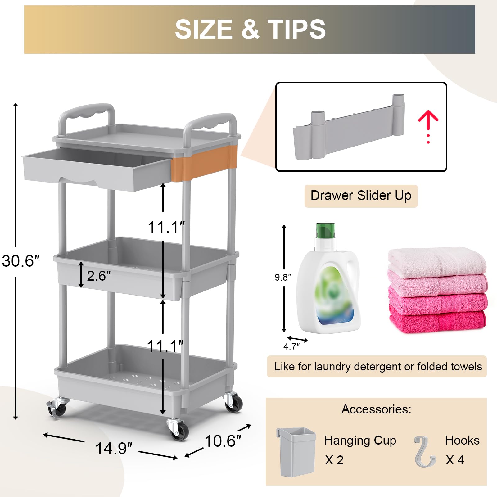 Goovilla 3 Tier Rolling Utility Cart Organizer with Removable Drawer, Grey