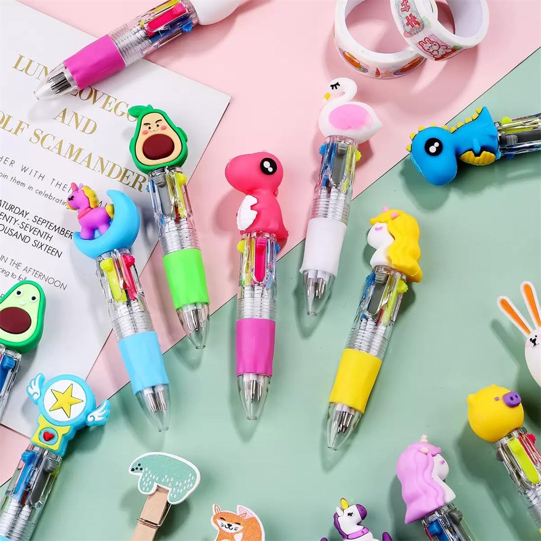 Arthink Mini Multicolor Pens, 4 in1 Kawaii Animal Party Bag Pen, Ballpoint Pens for Birthdays and