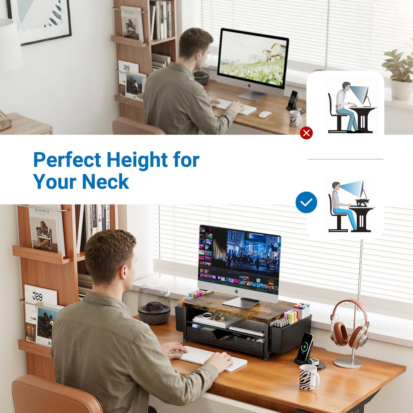 OPNICE Desk Organizers and Accessories, Computer Monitor Stand Riser with Drawer and 2 Pen Holders