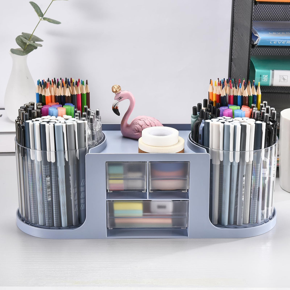 KLIONGO Rotating Desk Organizer with 2 Pen Holder, Desk Organizers and Accessories with 10 Slots