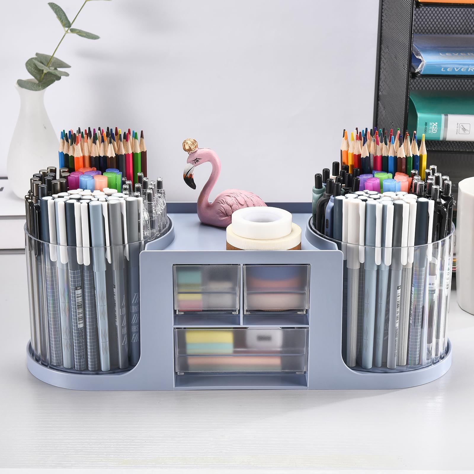 KLIONGO Rotating Desk Organizer with 2 Pen Holder, Desk Organizers and Accessories with 10 Slots