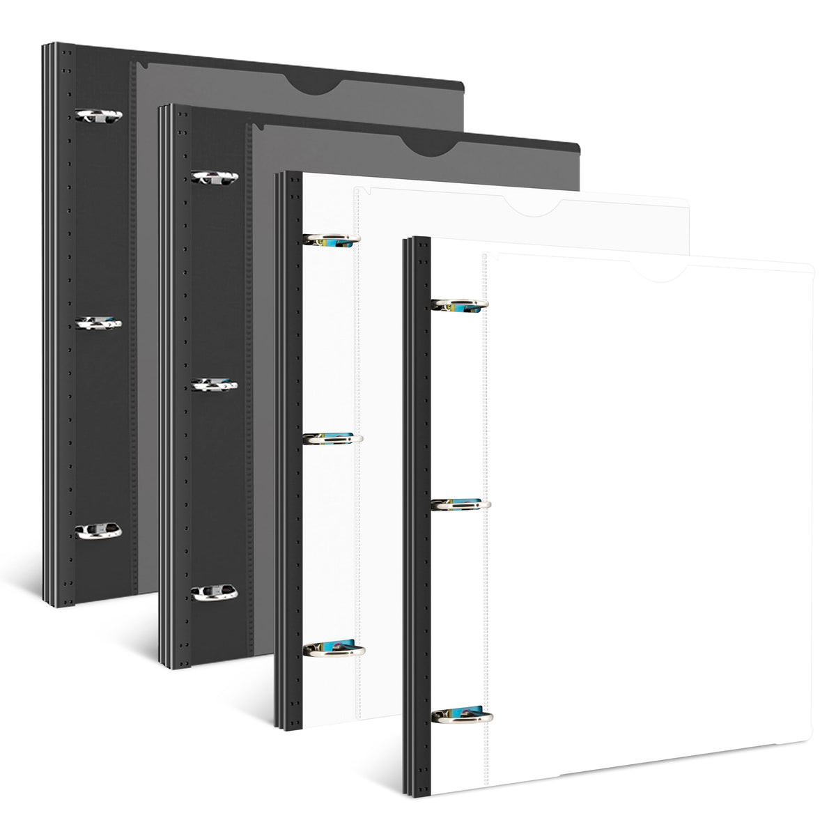 INFUN 1 Inch Telescoping 3 Ring Binder Black+White - 4 PCS， Flexible Binders with Customizable