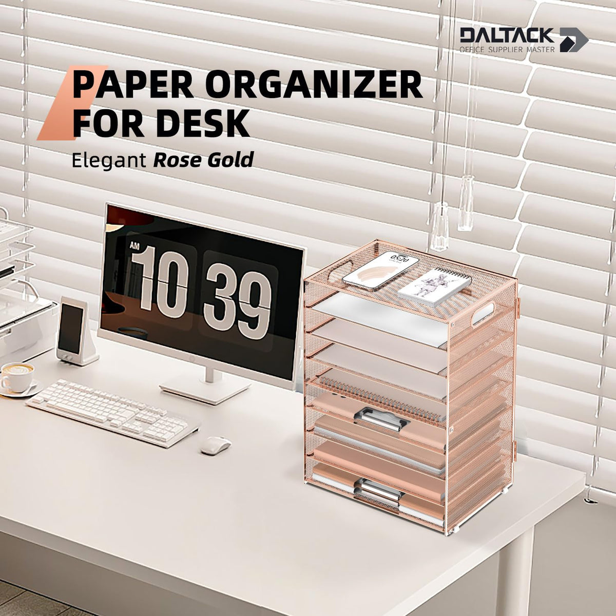 9-Tier Paper Organizer for Desk, Metal Letter Tray with Handles, Gold Rose