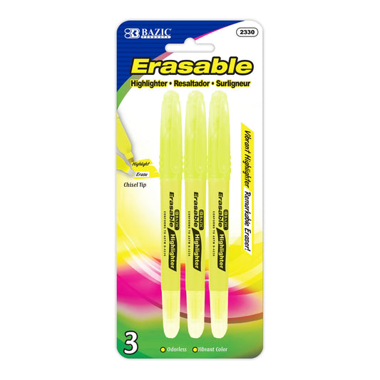 BAZIC PRODUCTS Yellow Erasable Highlighters, Eraser Tip, Chisel, 24-Box