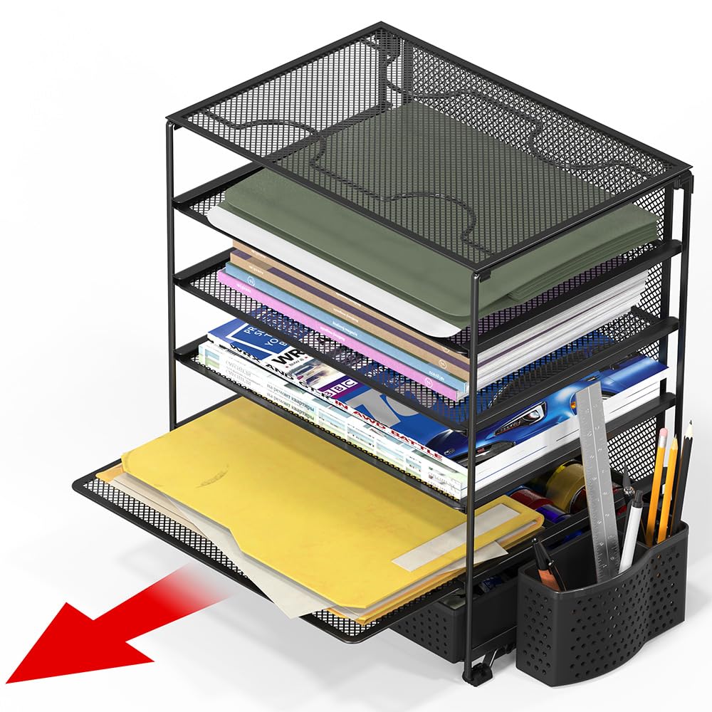Simple Houseware 5-Tier Desk File Organizer w/Drawer & Pen Holder, Black