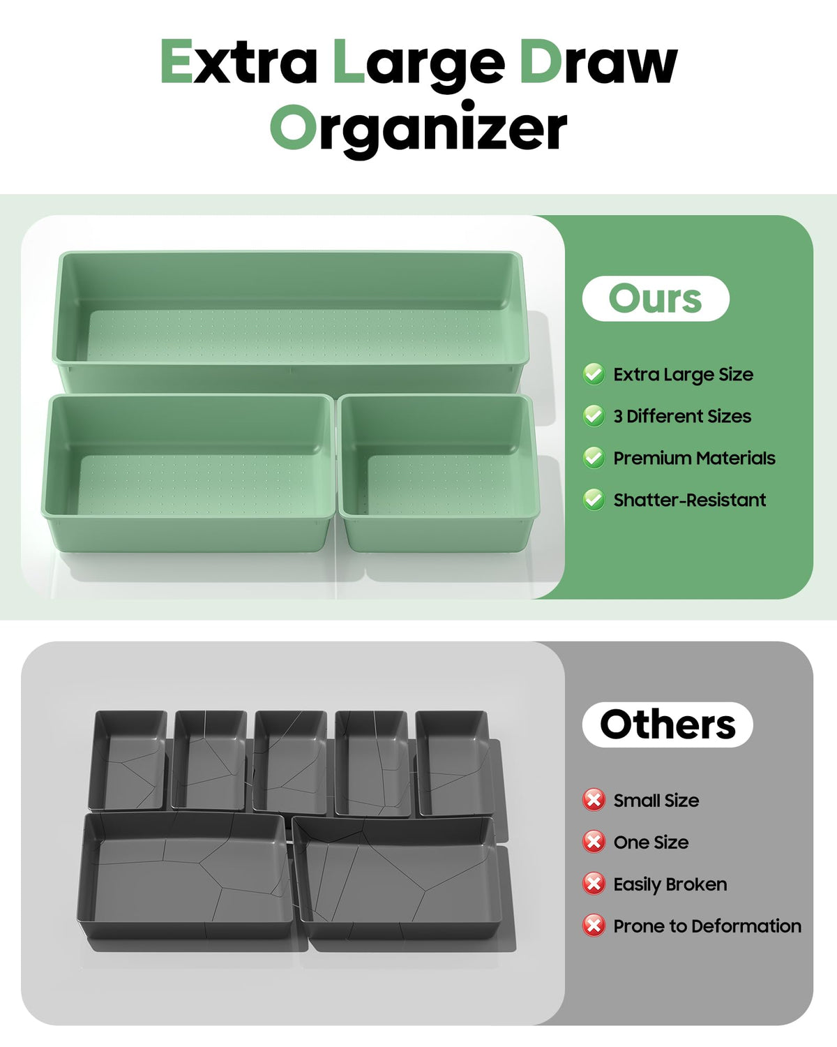 MLIKLU 10 Pack Large Size Plastic Drawer Organizers Set, 3 Sizes Desk Drawer Organizer Trays