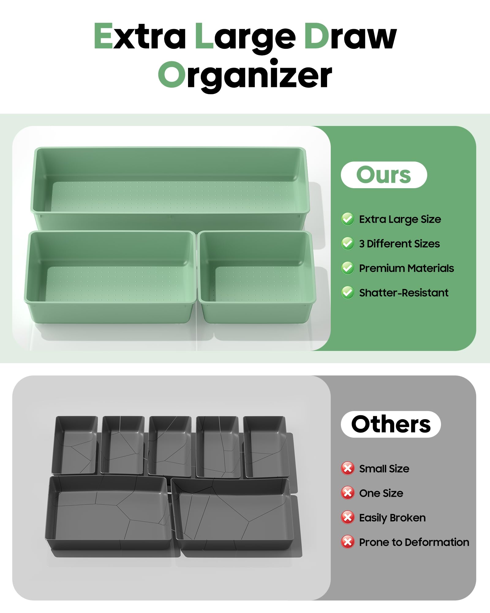 MLIKLU 10 Pack Large Size Plastic Drawer Organizers Set, 3 Sizes Desk Drawer Organizer Trays