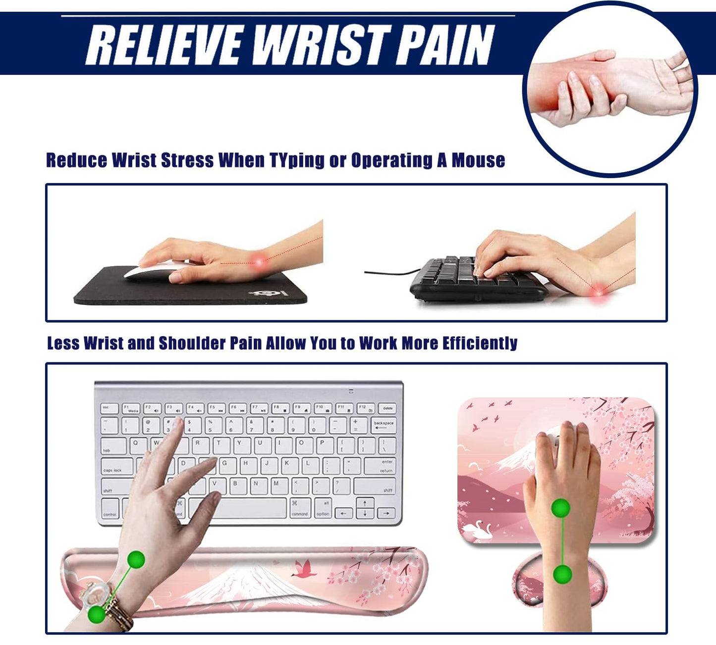 Cherry Blossom Keyboard and Mouse Pad Set Japanese Mousepad with Wrist Support Ergonomic Keyboard