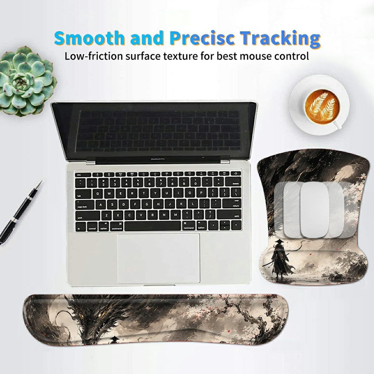 3-in-1 Ergonomic Memory Foam Keyboard Wrist Rest Pad Set, Sakura Dragon