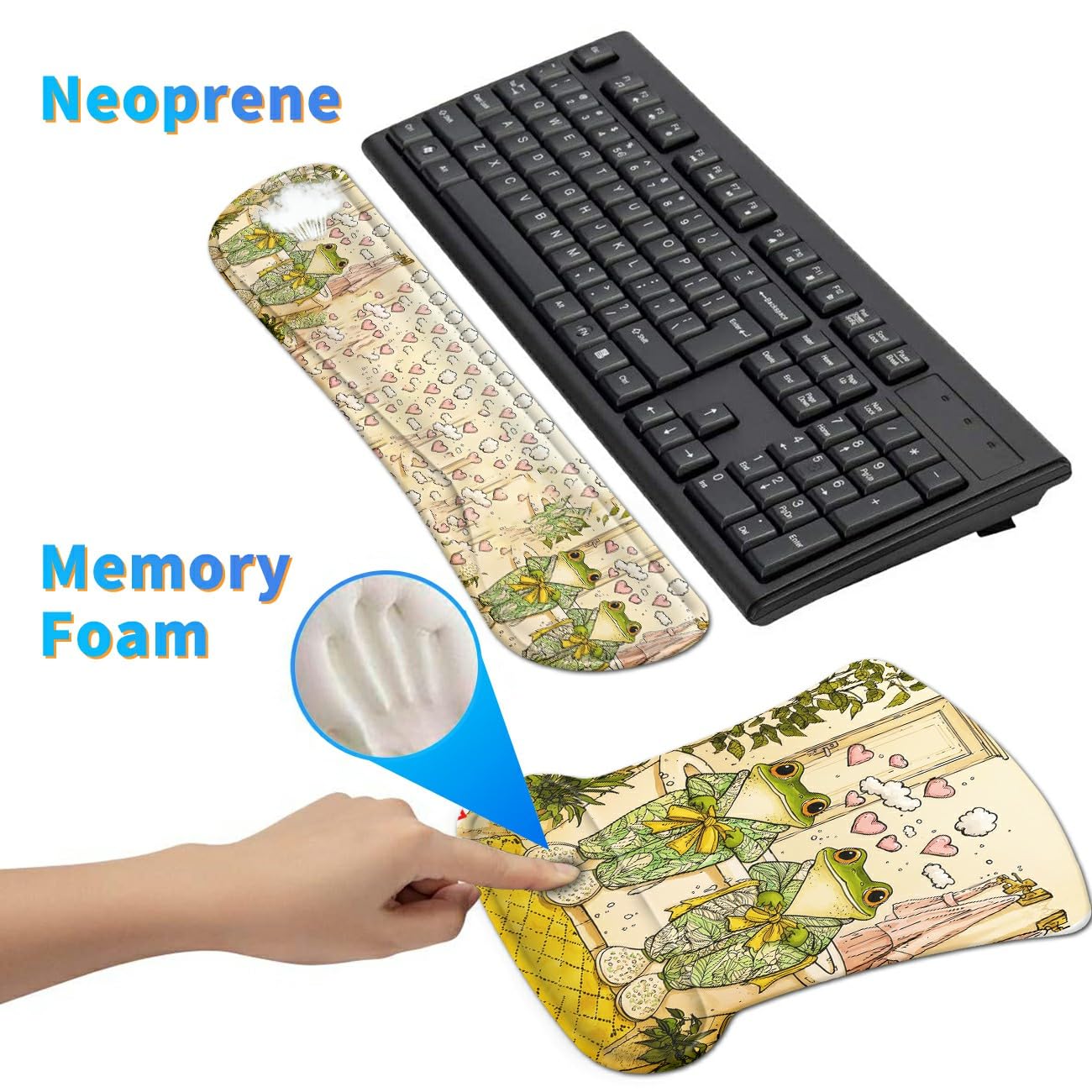 Dikoer 3Pcs Ergonomic Memory Foam Keyboard Wrist Rest Pad Set, Frog Pajamas