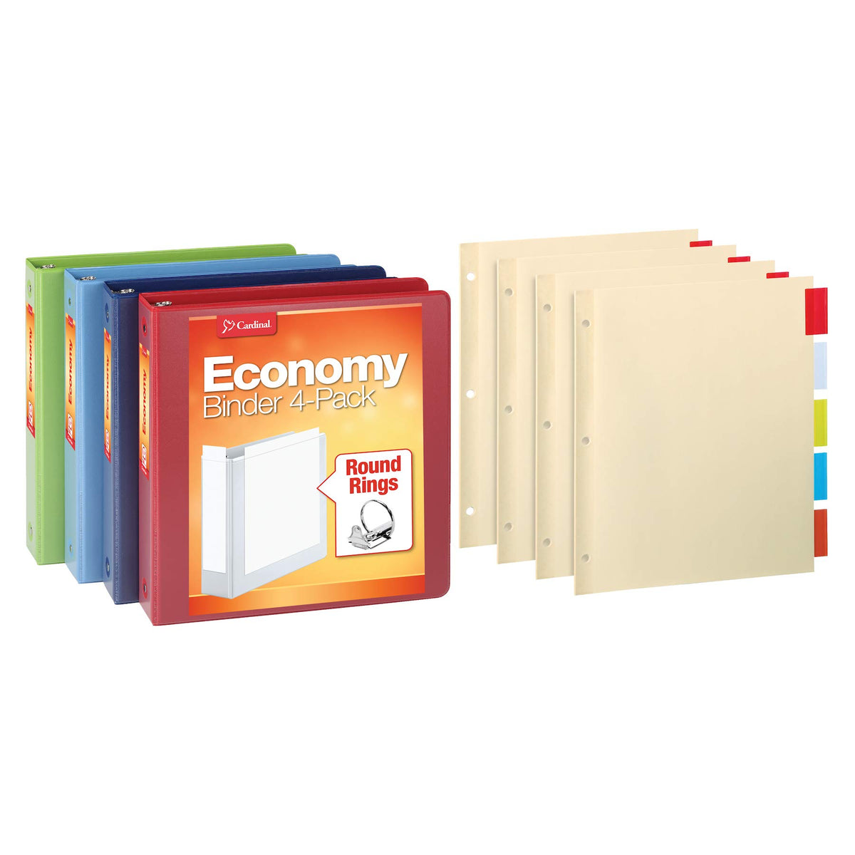 Cardinal 3 Ring Binders Economy Pack, 4 Sets of Binder Dividers, Durable 1.5 Inch, Holds 350