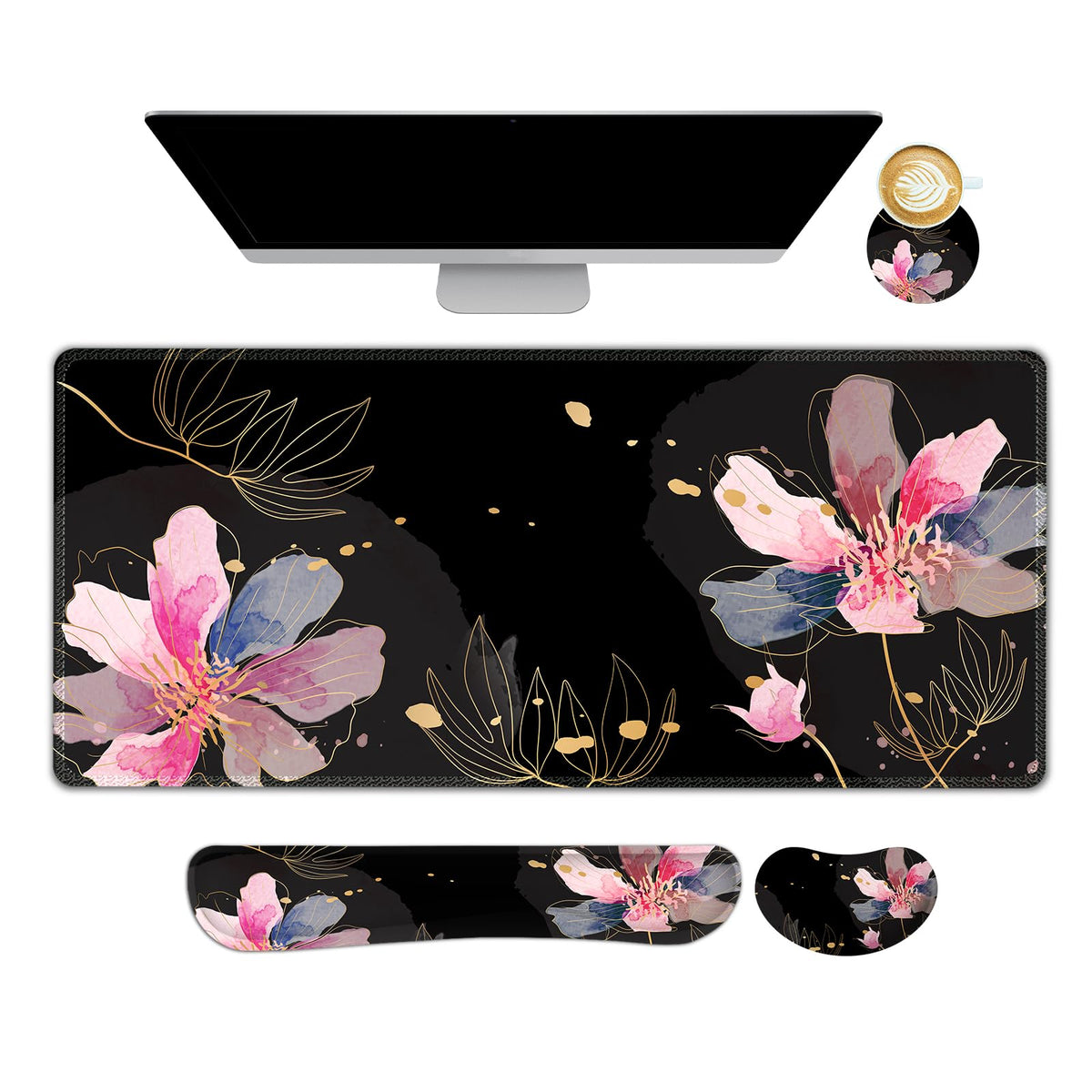 DINKY Desk Mat Black Flower, Large Gaming Mouse Pad with Wrist Rest, 4in1 XXL Mousepad+Keyboard