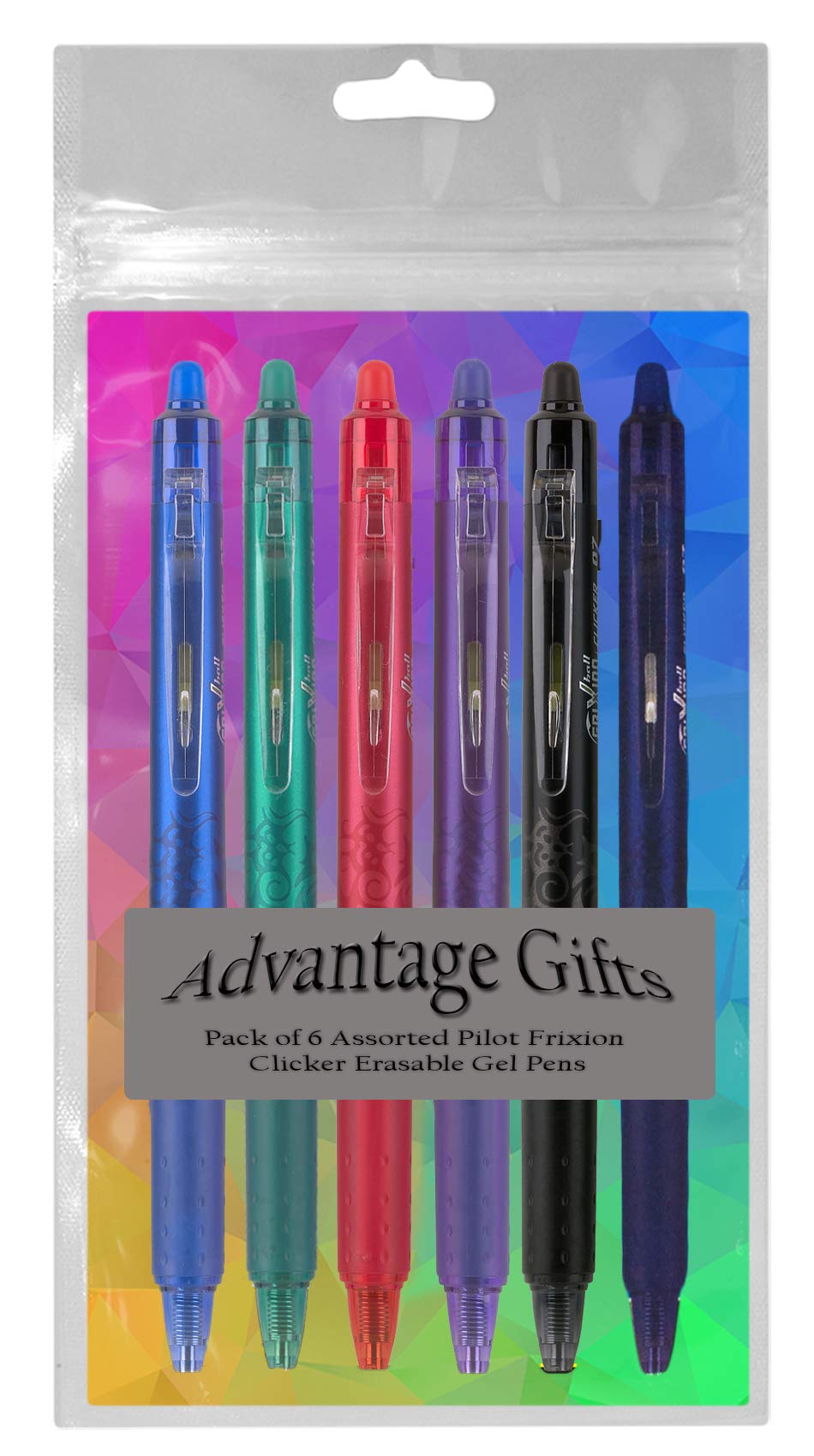 Advantage Gifts Clicker Retractable Erasable Gel Pens Fine Point (.7mm) Assorted Colors Ink 6-pk;