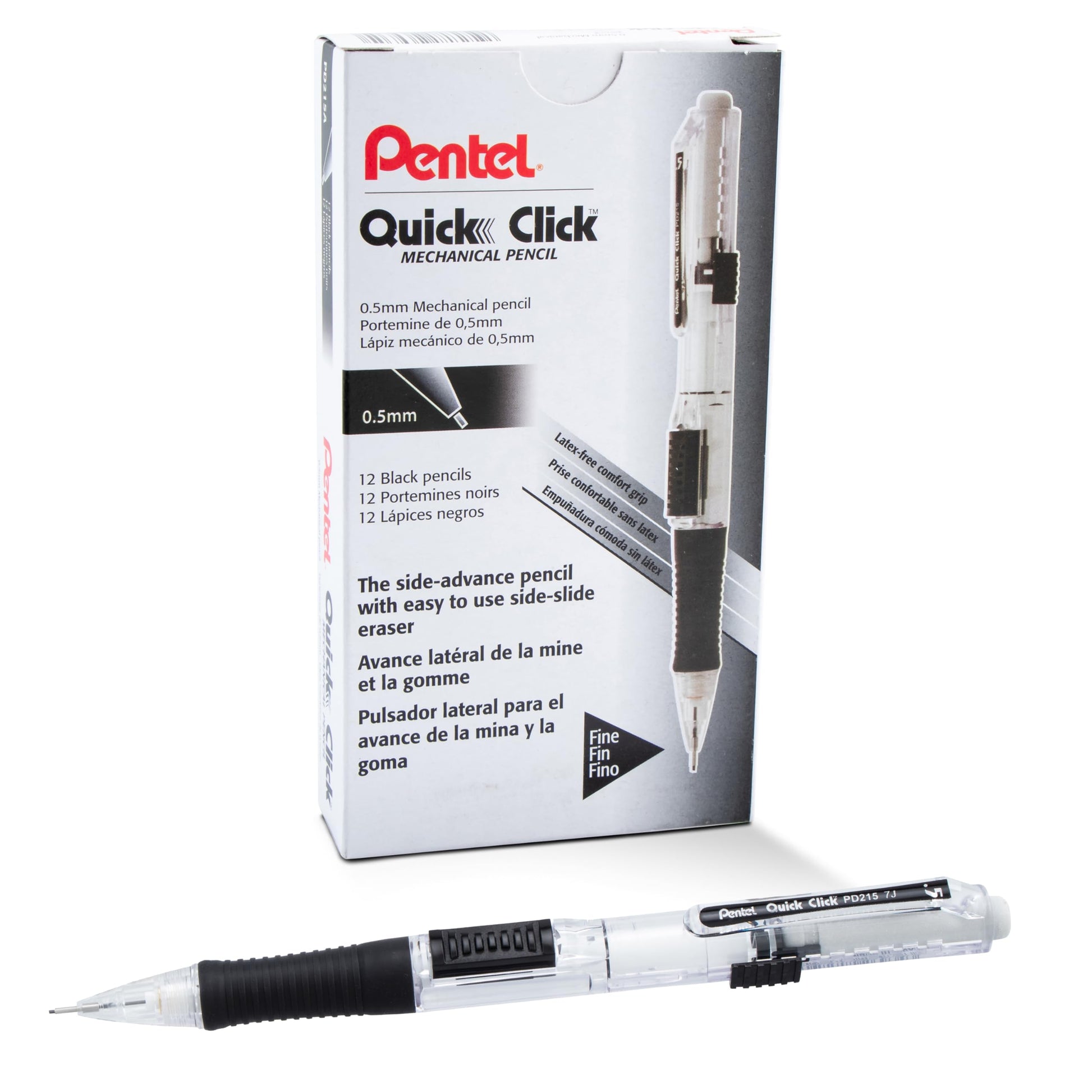 Pentel QUICK CLICK Mechanical Pencil (0.5mm), Black Barrel, Box of 12 (PD215A)