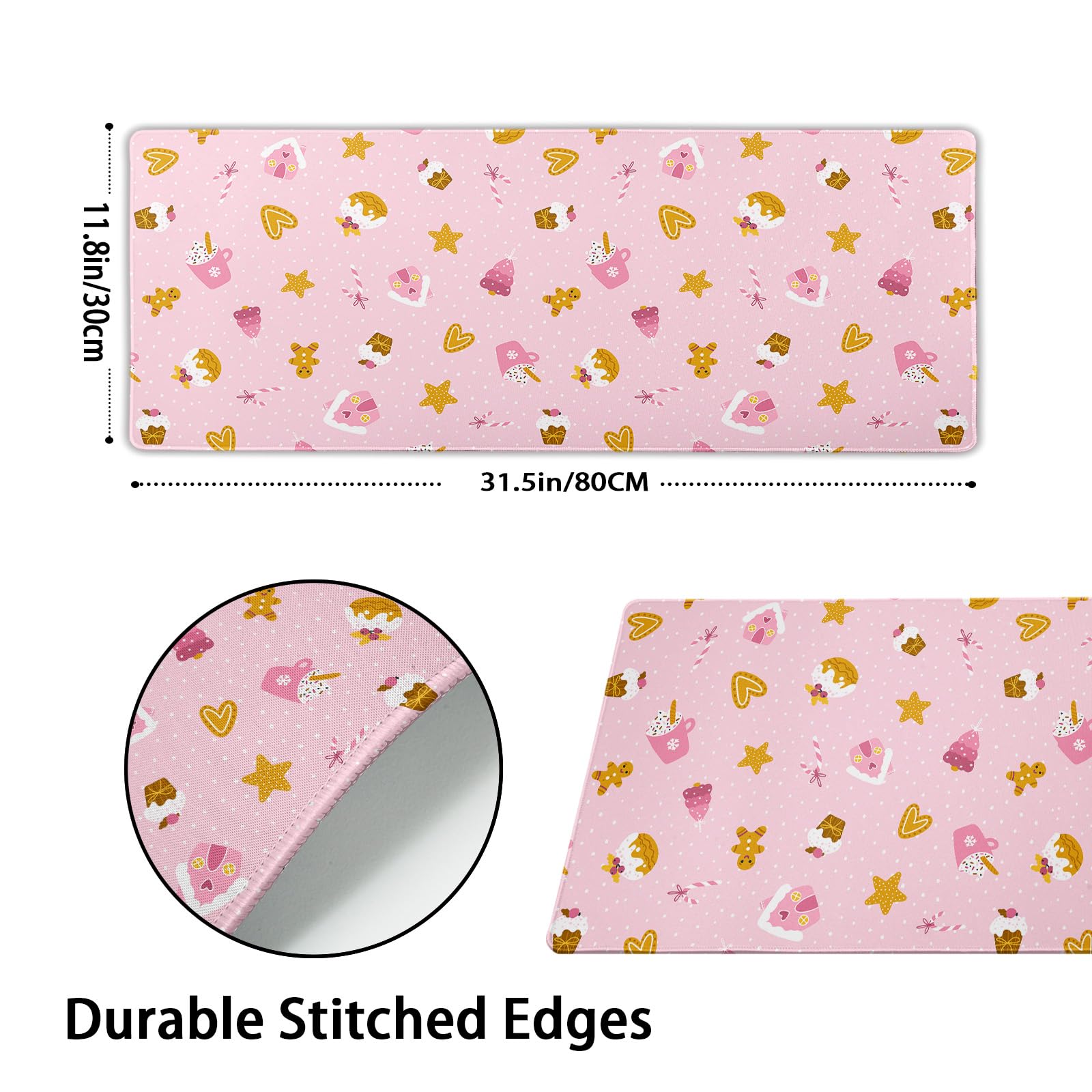 Pink Christmas Gaming Mouse Pad XL Cute Kawaii Cupcake Gingerbread Extended Big Large Desk Mat
