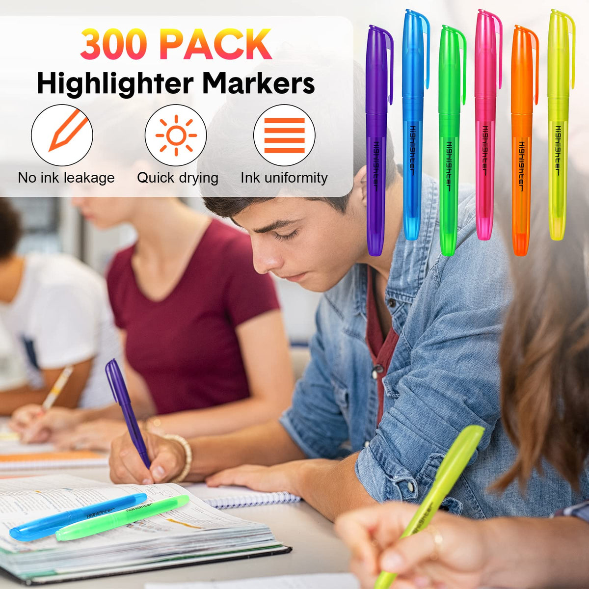 Thenshop 300 Pcs Highlighters Bulk 6 Assorted Colors Chisel Tip Markers