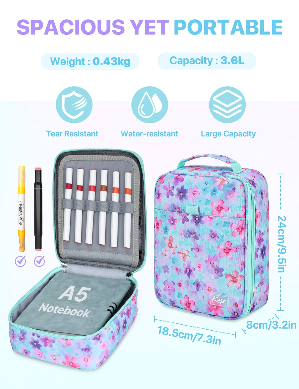 Kasqo Large Pencil Case, 54-Slot Pen Marker Organizer with 5 Layers, Floral