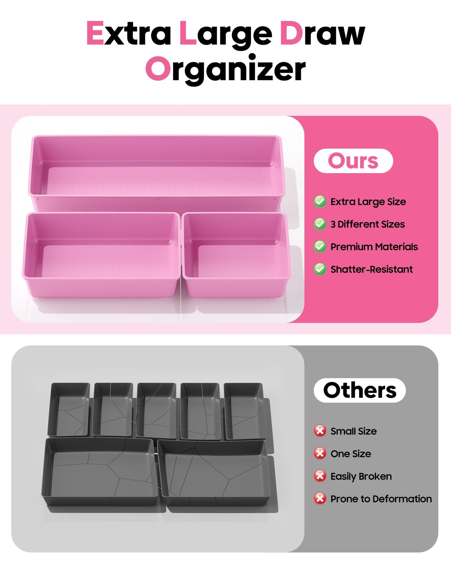 MLIKLU 10 Pack Large Size Plastic Drawer Organizers Set, 3 Sizes Desk Drawer Organizer Trays