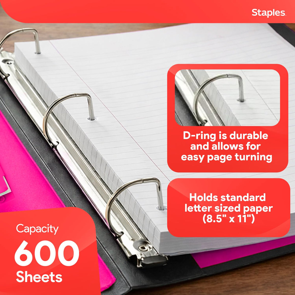 Staples Heavy-Duty 3-Inch D-Ring Binder, Pink, Holds 600 Sheets