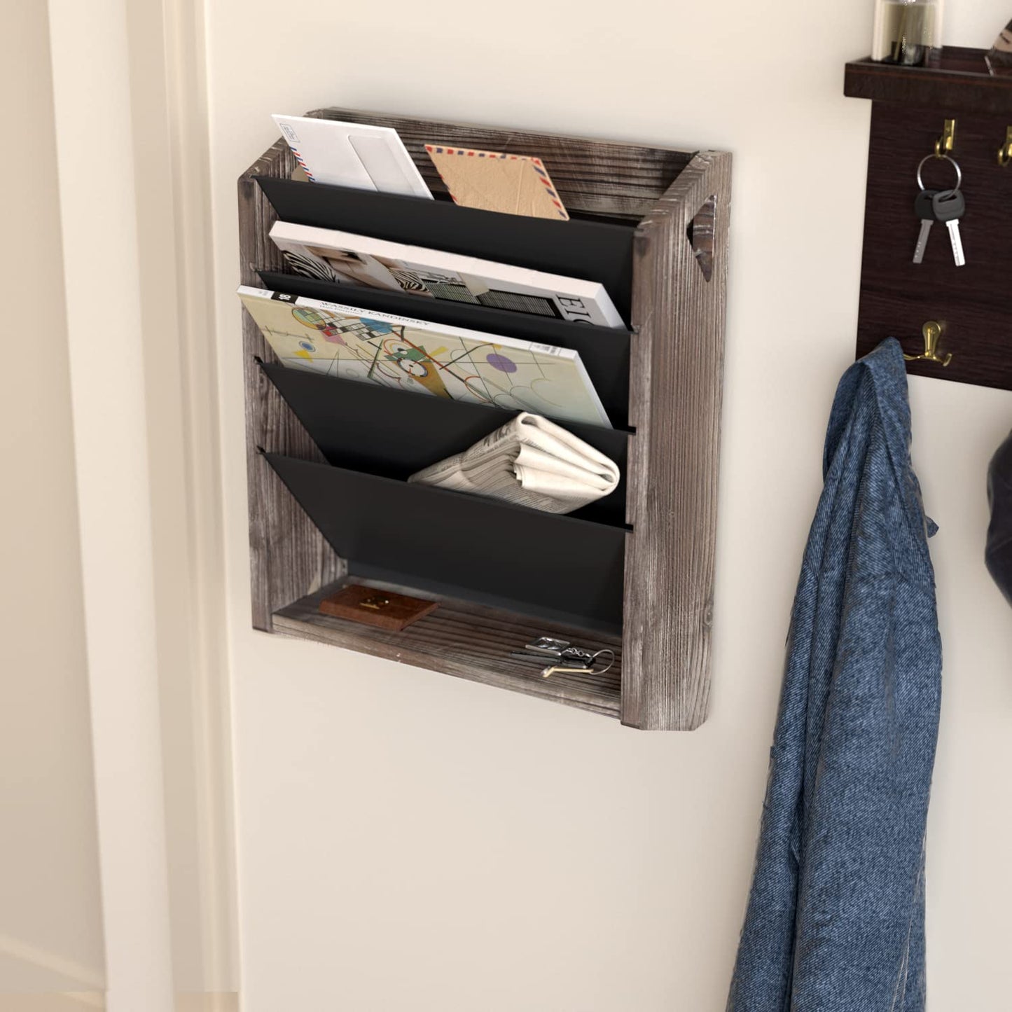 J JACKCUBE DESIGN Wall Document File Organizer Rustic Wood Magazine Rack with 5 Compartments