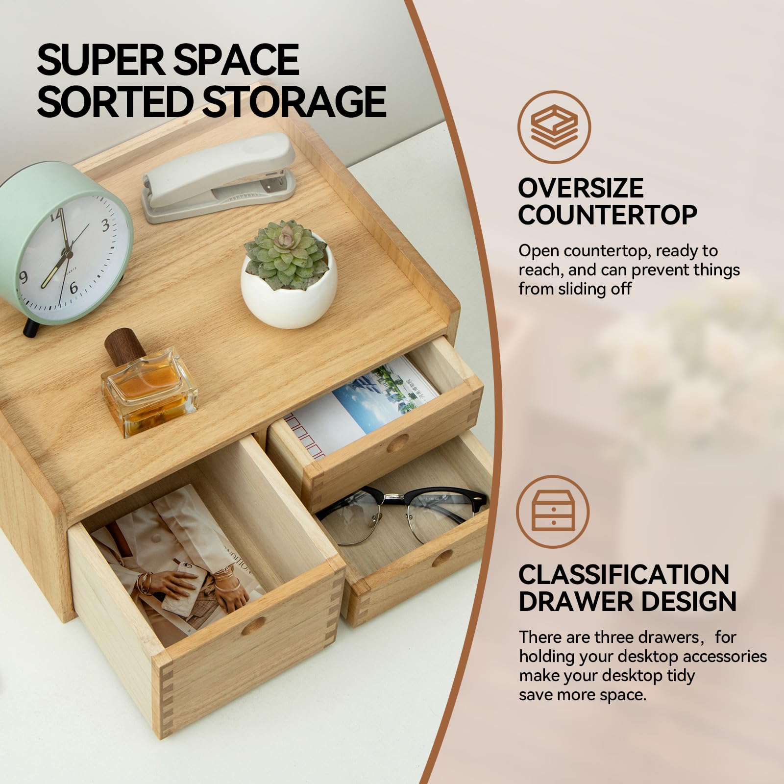 KIRIGEN Wooden Desk Organizer with 3 Drawers and Top Tray Natural DT1D3C-NA