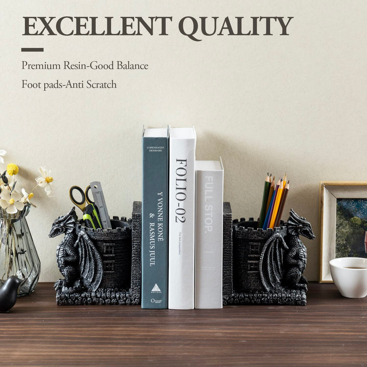 MyGift Gothic Dragon Bookends with Castle Pencil Cup, Black Resin, 1 Pair
