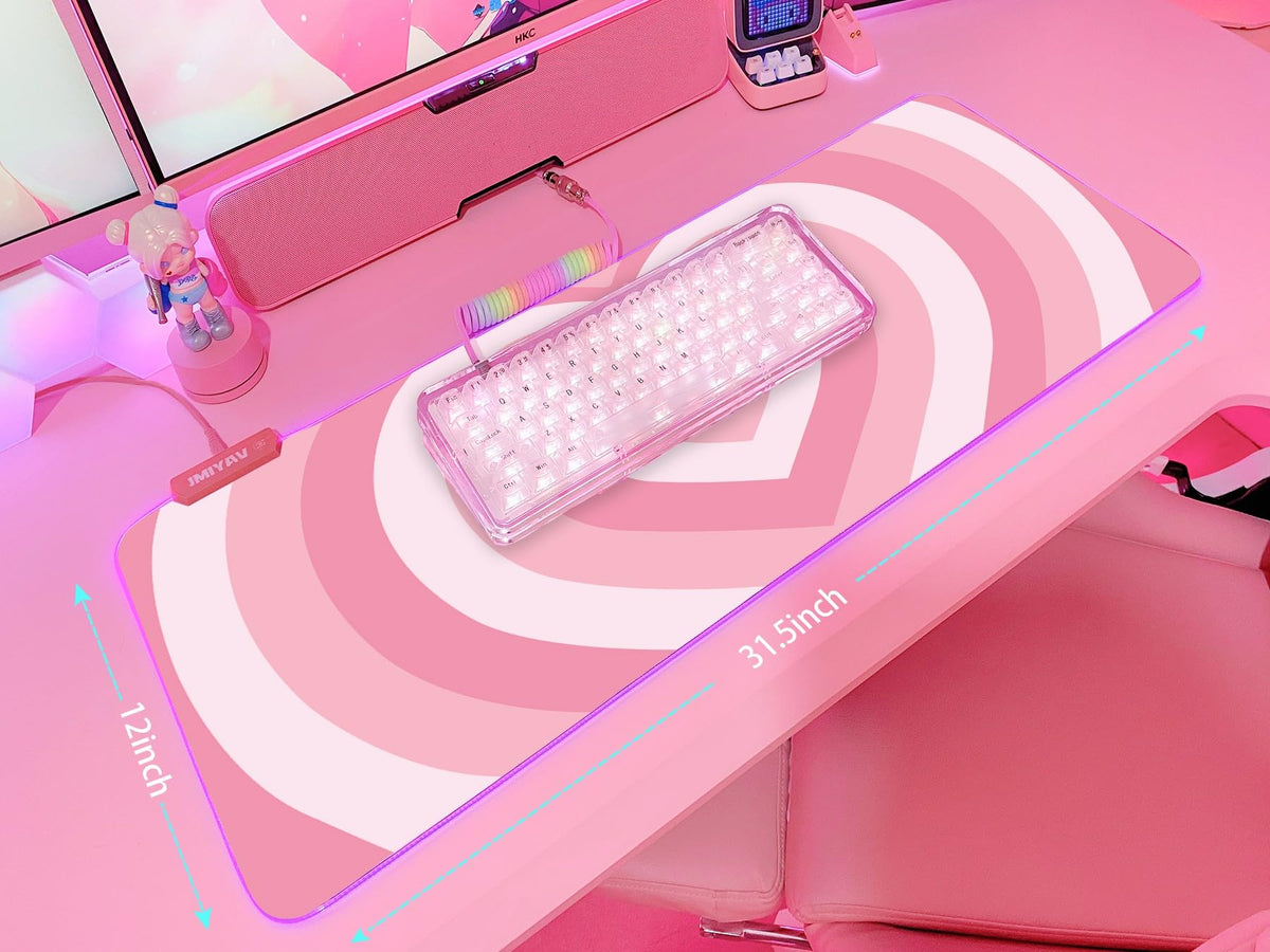 JMIYAV Pink Love Heart RGB Gaming Mouse Pad 31.5x12 Inch Cute Mousepad PC XL Large Extended Glowing