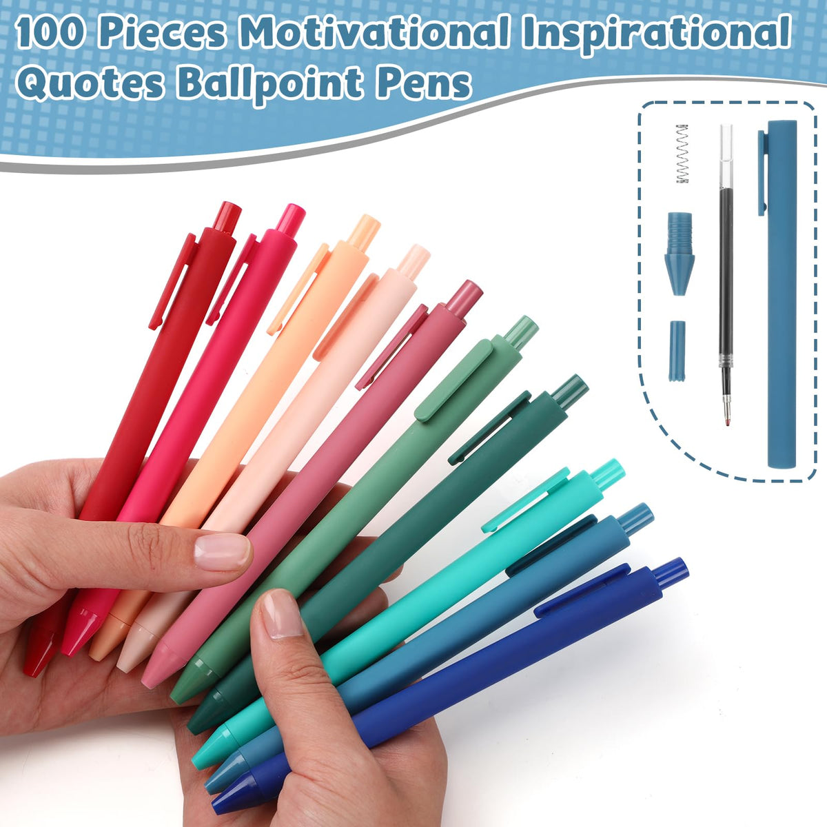Teling 100 Pcs Inspirational Pens Bulk, Bright Colors, Blank Style