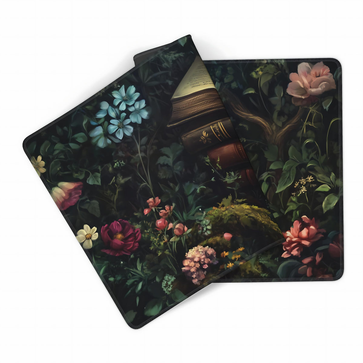 Floral Aesthetic Book Gaming Mouse Pad, Forest Green Moody Forest Desk Mat with Anti-Slip Base &