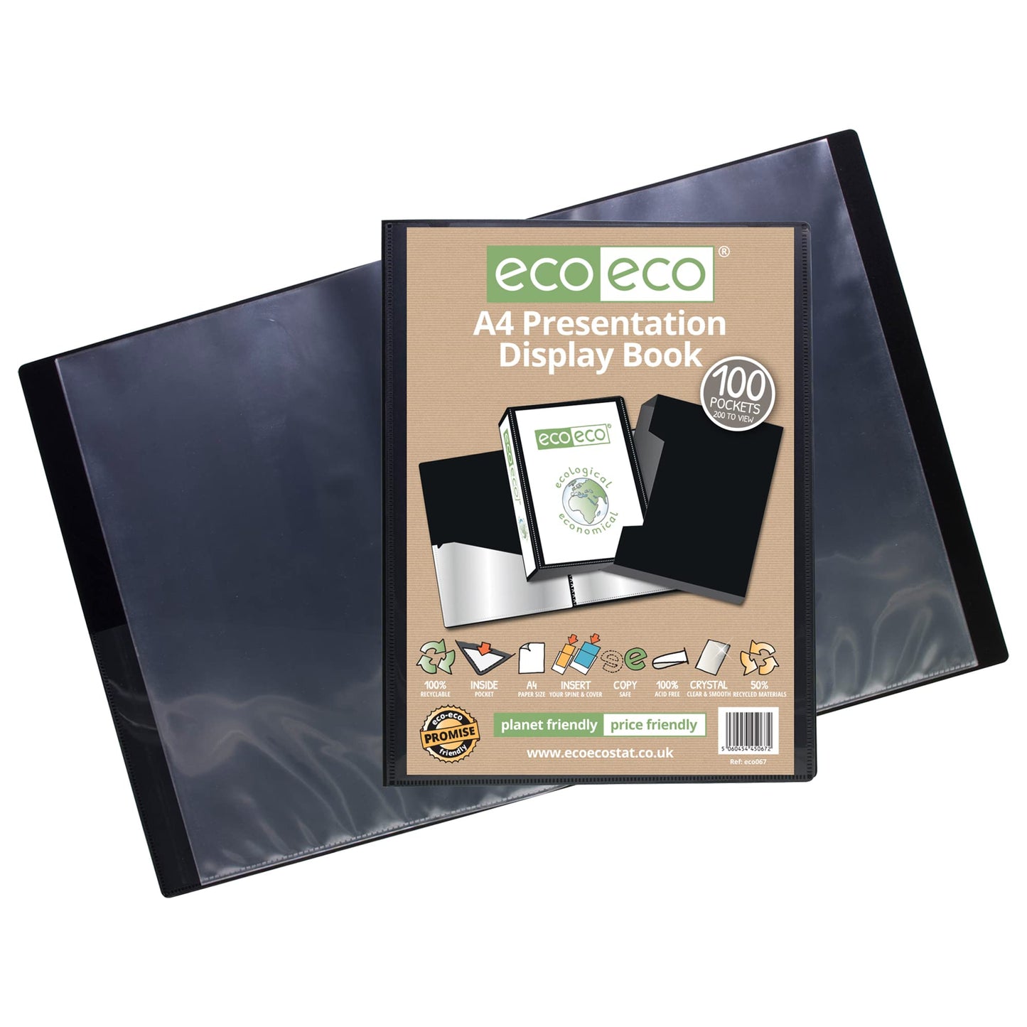 eco-eco A4 Size 50% Recycled 100 Pocket Black Presentation Display Book, Storage Case Portfolio Art