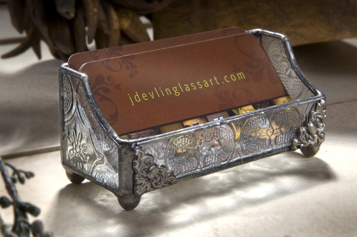 J Devlin Stained Glass Business Card Holder, Vintage Glass Desk Display
