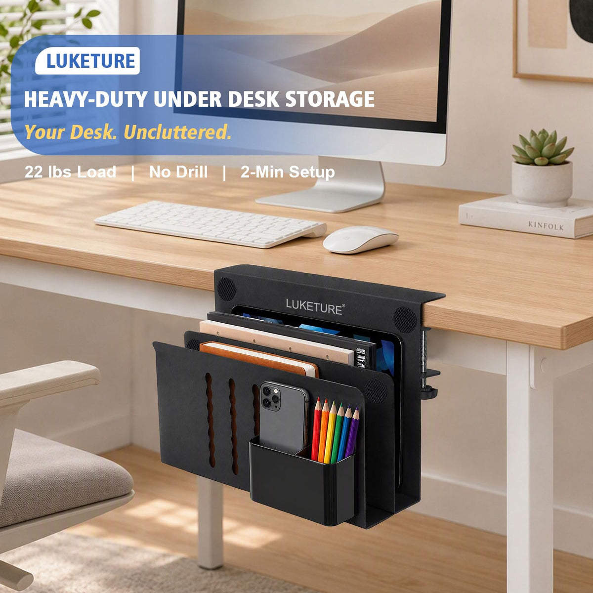 LUKETURE Desk Side Storage, 2 Tie Laptop Holder No Drill Clamp On Organizer