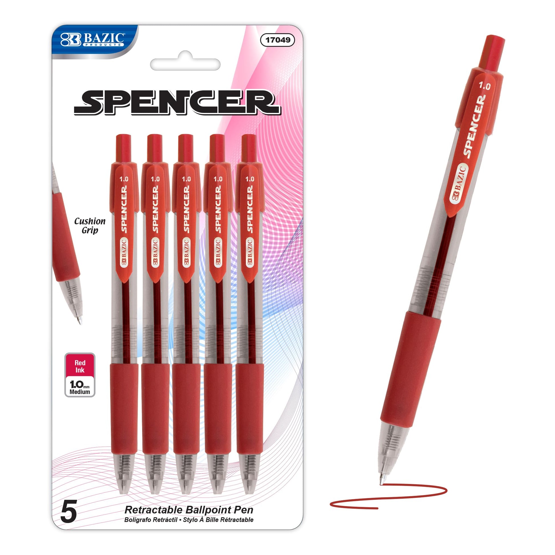 BAZIC PRODUCTS Spencer Red Ink Retractable Pens, 1.0 mm, 5 Ct, 24-Box