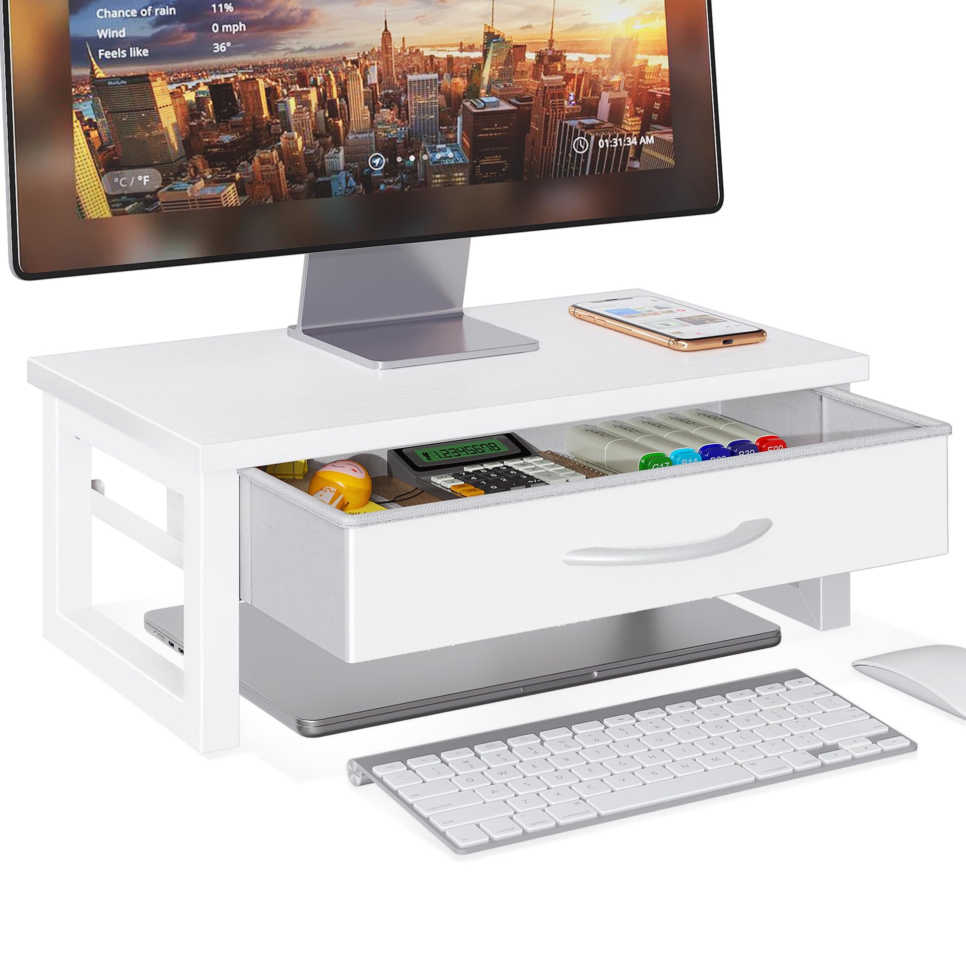 HEWORLIF Desk Organizers and Accessories, Computer Monitor Stand Riser with Drawer, White Laptop