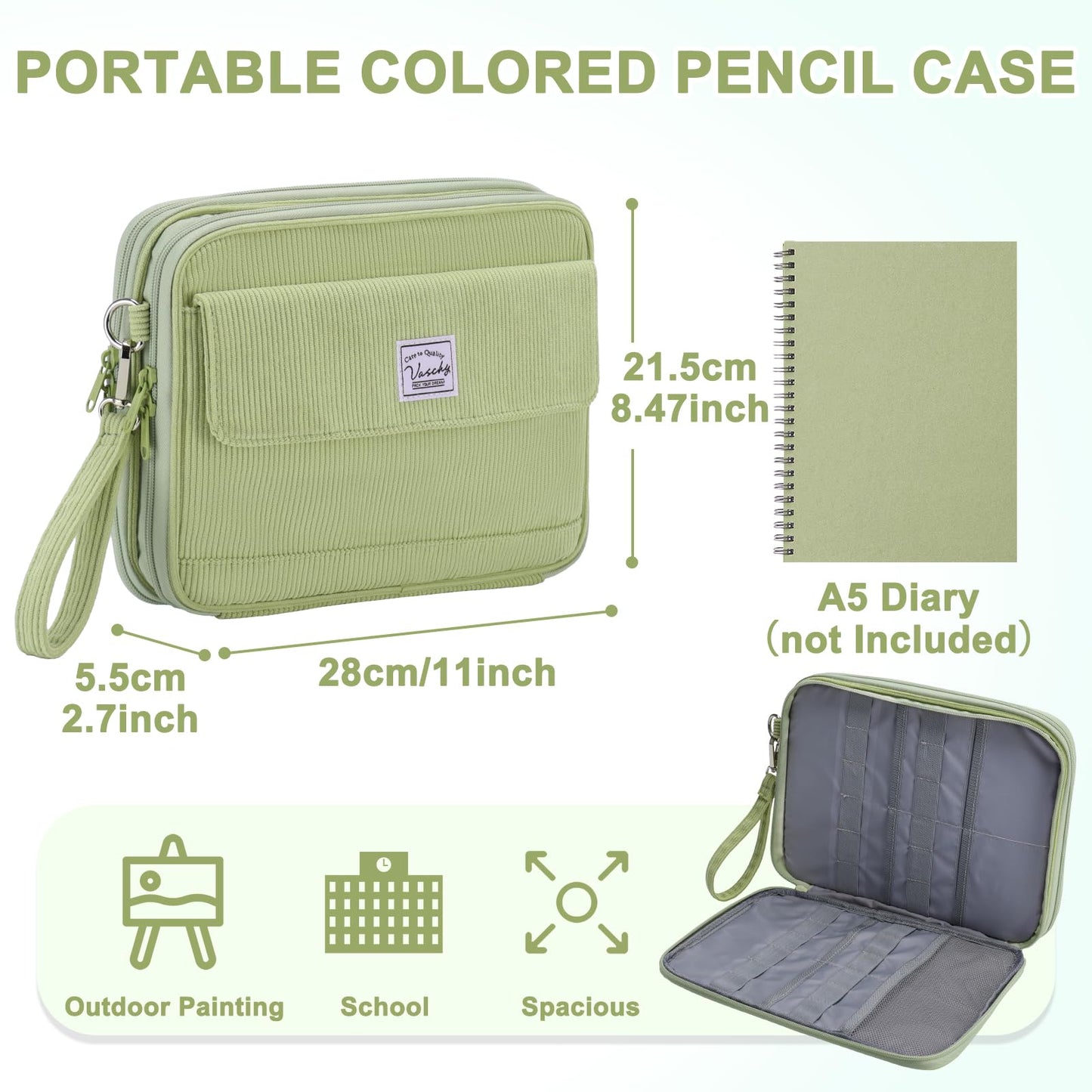 VASCHY Colored Pencil Case, Corduroy Large Pencil Pouch for Art Pens Markers Gel Pens Big Holder