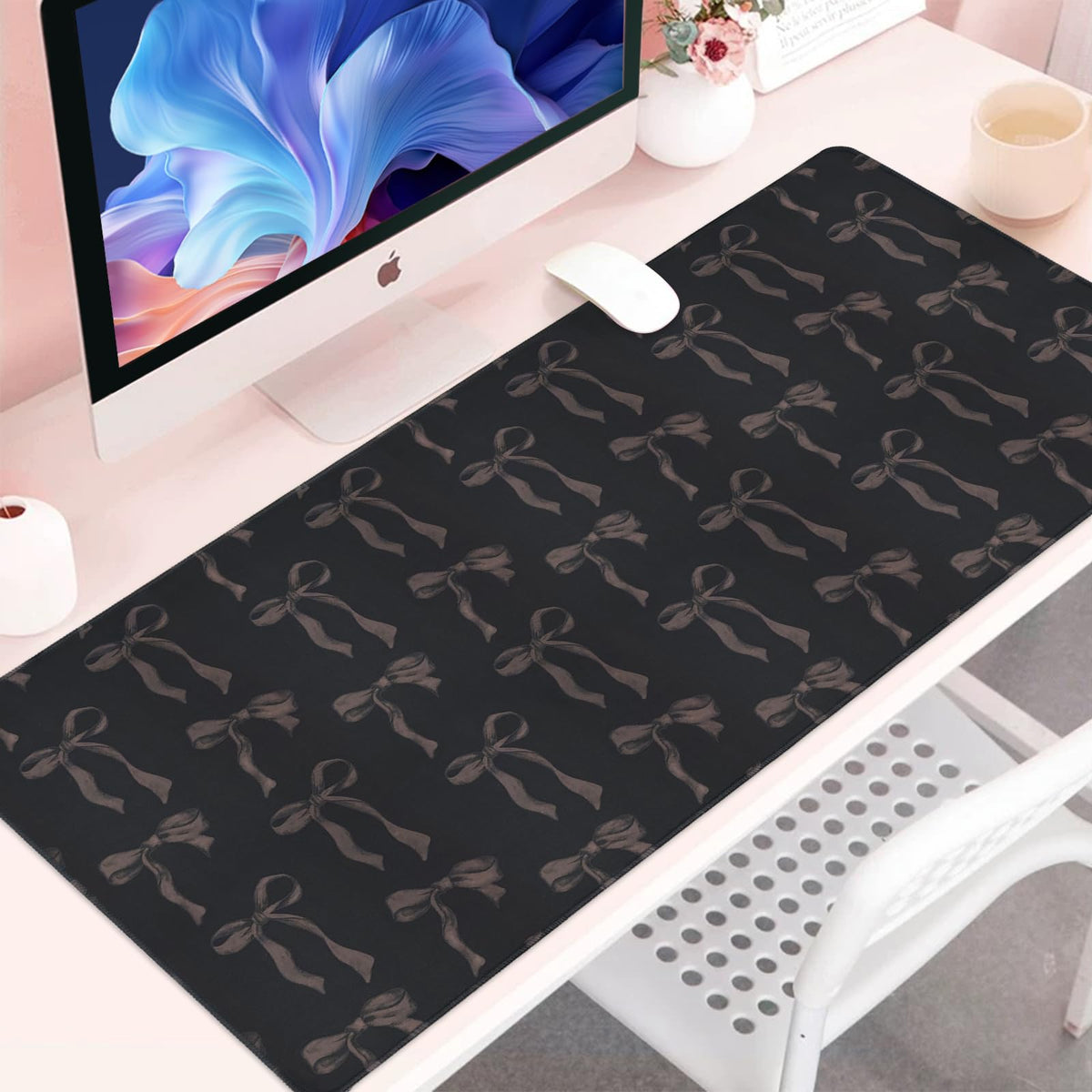 Black Desk Mat with Bows, Large Bow Mouse Pad Keyboard Mat for Computer Laptop Non-Slip Rubber Base