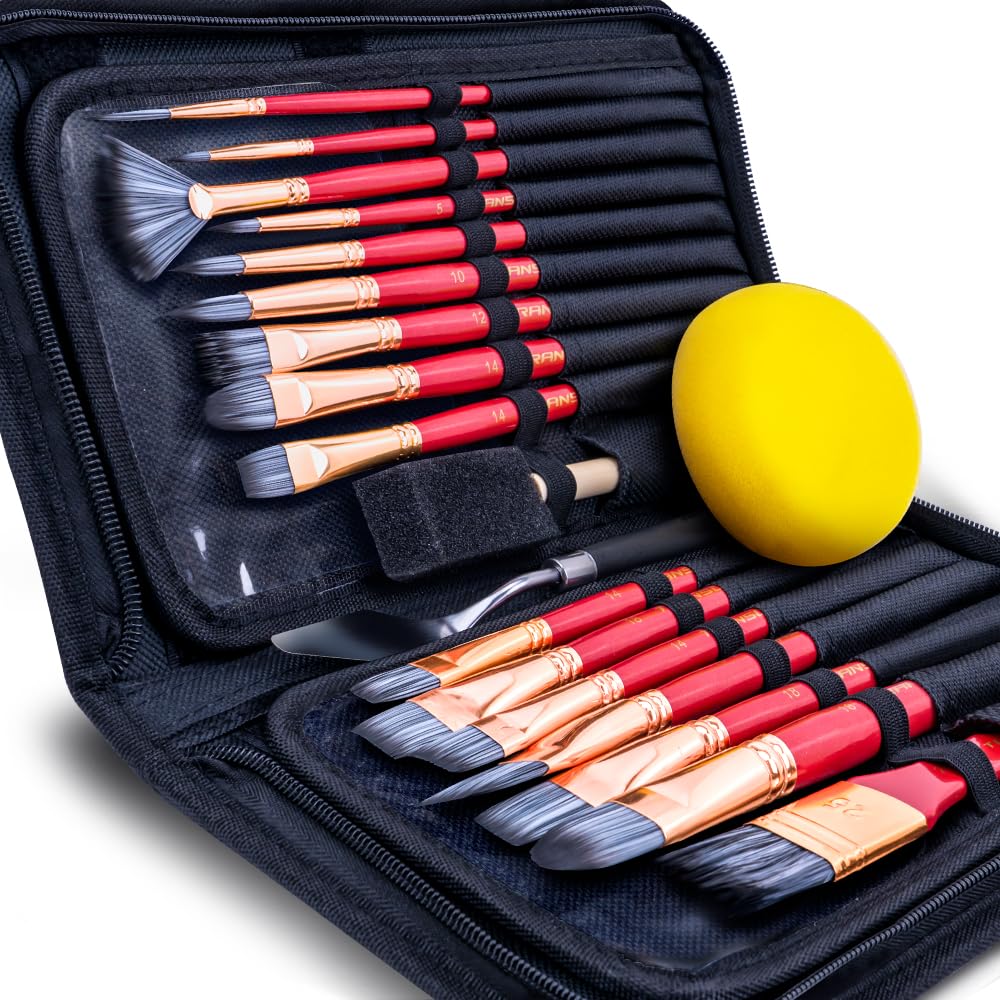Transon 20Pcs Art Paint Brush Kit with Storage Case, 16 Brushes + Foam Brush Spatula Sponge for