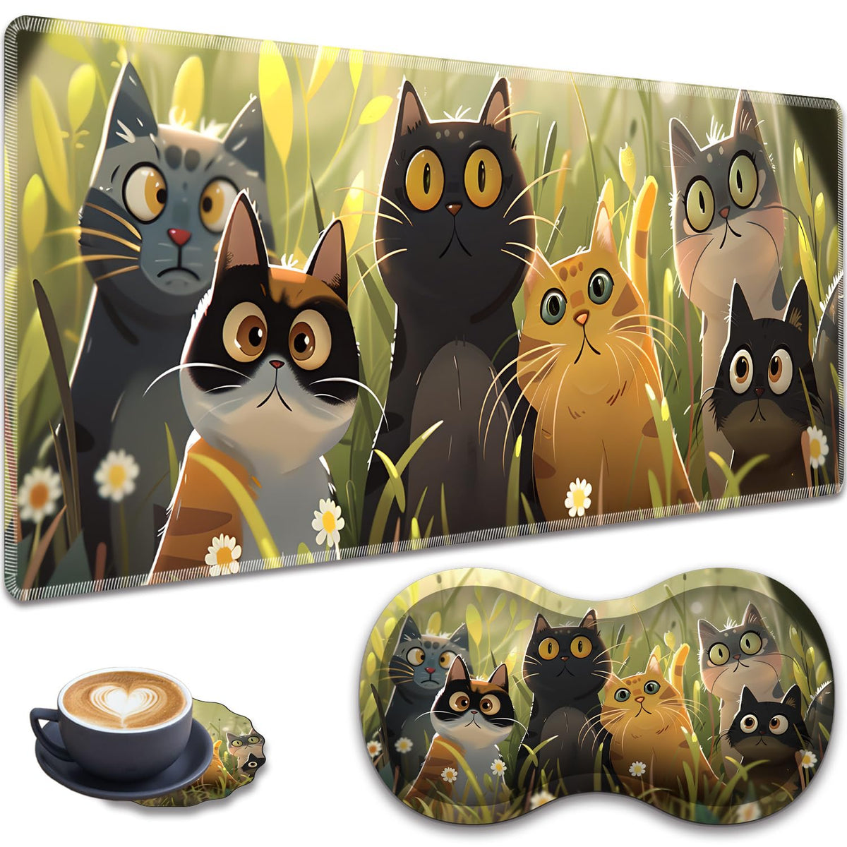 3-Piece Cartoon Cat Mouse Pad Set, Including Wrist Support Pad and Cup Holder, with Waterproof and