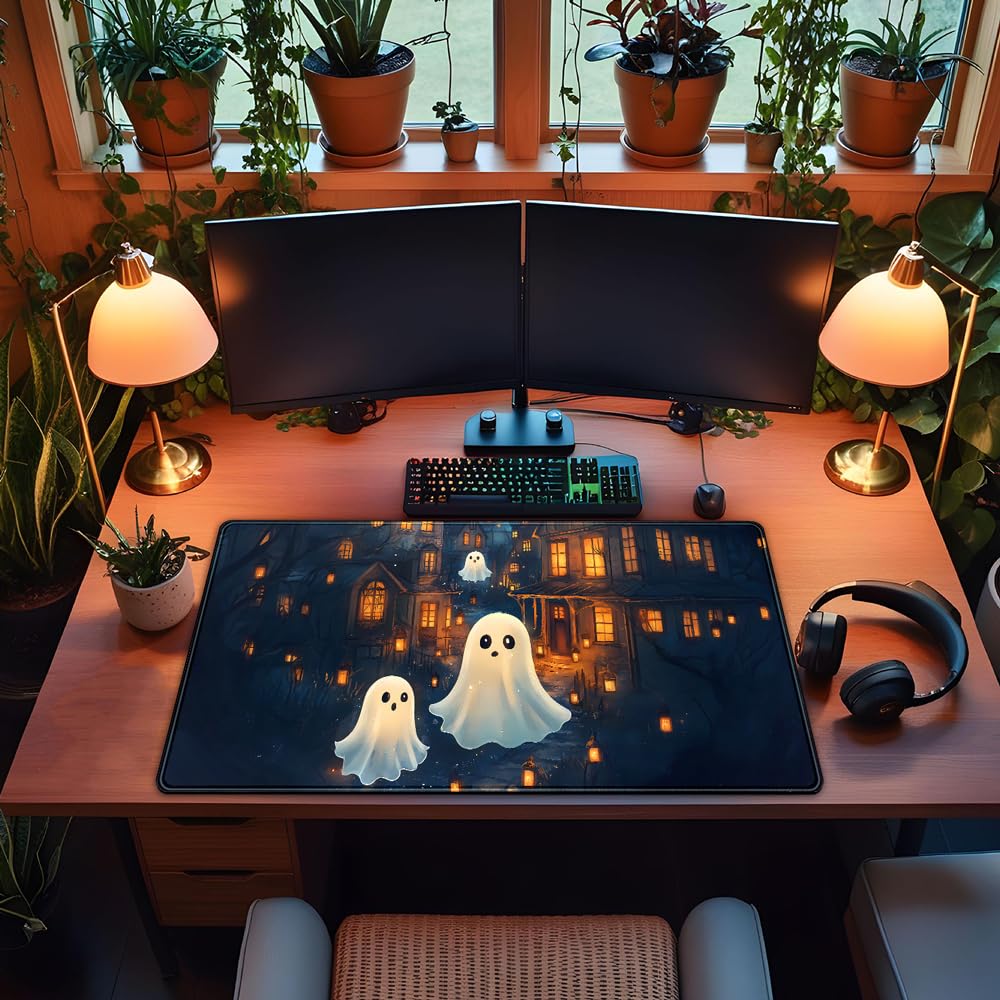 Cute Desk Mat Ghost Cartoon Mouse Pad Haunted House Style Desk Pad, Gaming Mouse Pad XXL Mouse
