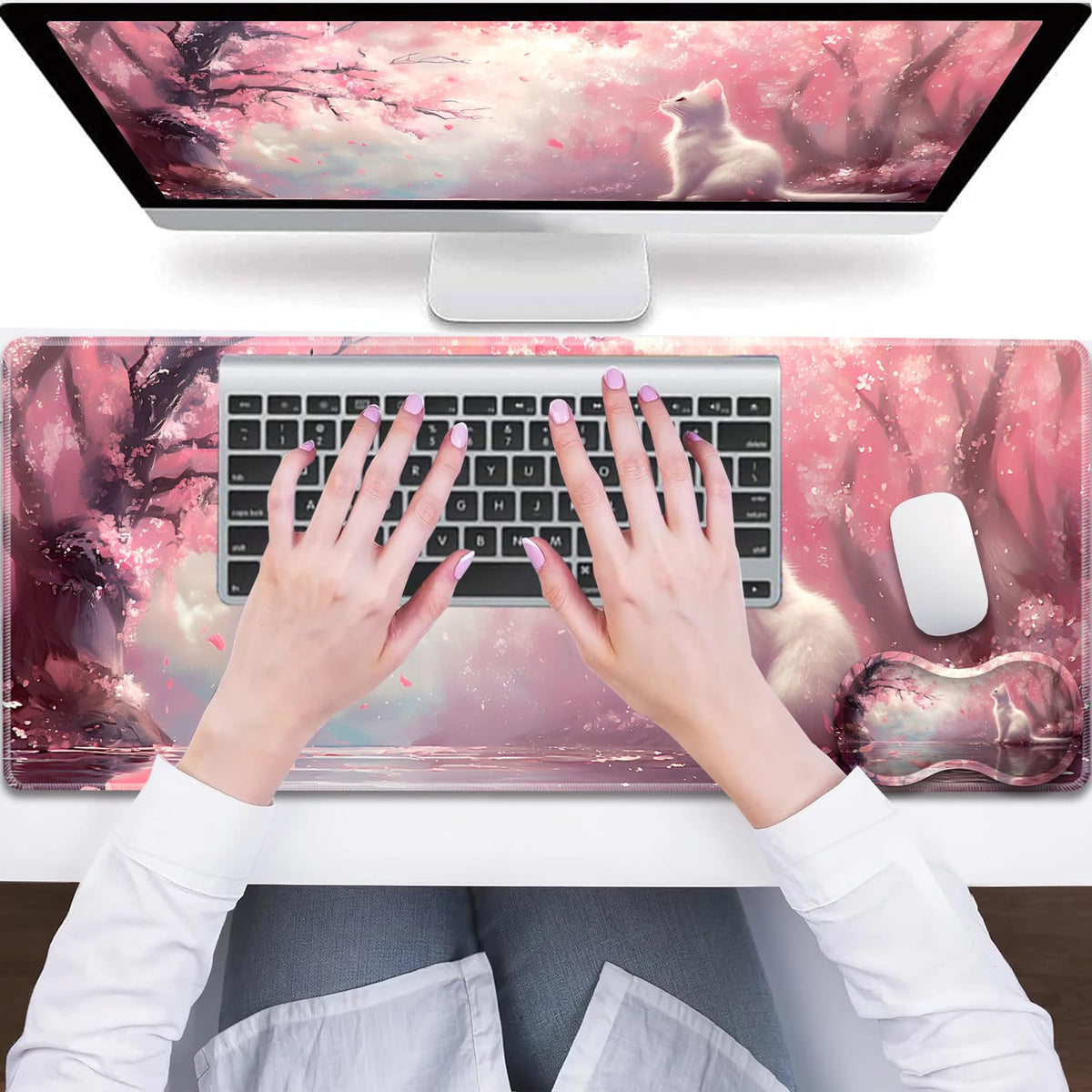 3-Piece Cherry Blossom Cat Mouse Pad Set, Including Wrist Support Pad and Cup Holder, with