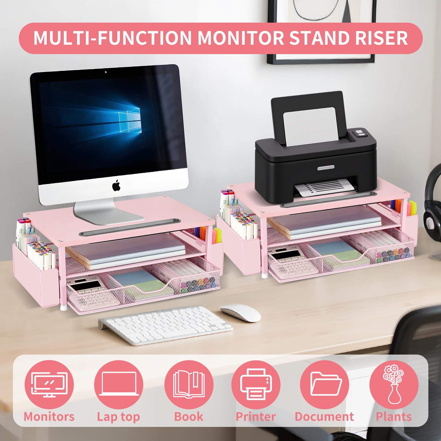AUPSEN Pink Desk Organizers and Accessories, 2-Tier Wood Computer Monitor Stand with Drawer, Pen