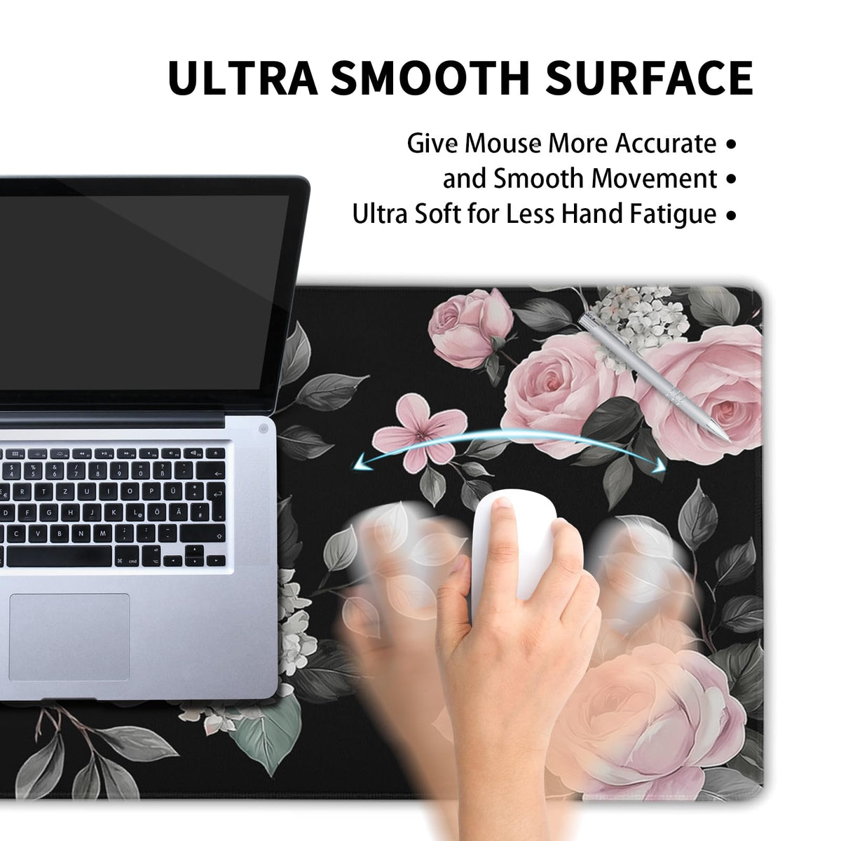 Floral Extended Gaming Mouse Pad Non-Slip Rubber Base Black Large Mousepad 35.4×15.7in with
